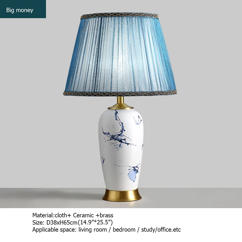 TEMAR Ceramic Table Lamps Blue Brass Luxury Desk Light Fabric for Home Living Room Dining Room Bedroom Office