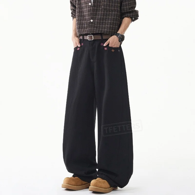 TFETTERS 2026 Autumn Streetwear Men Denim Pants Structural Cut Ethnic Floral Embroidery Straight Loose Baggy Fashion Jeans Man