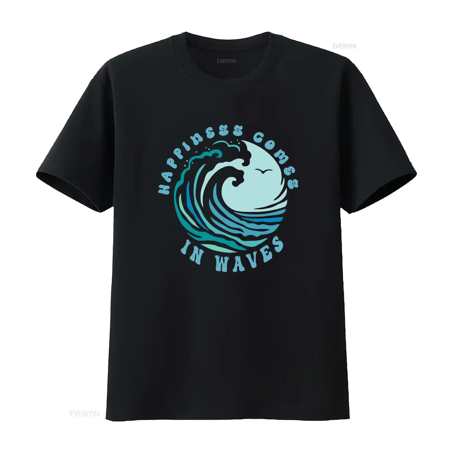 Happiness Comes In Waves surf beach lover ocean encouraging vintage retro t shirt vintage Washed Versatile fashion