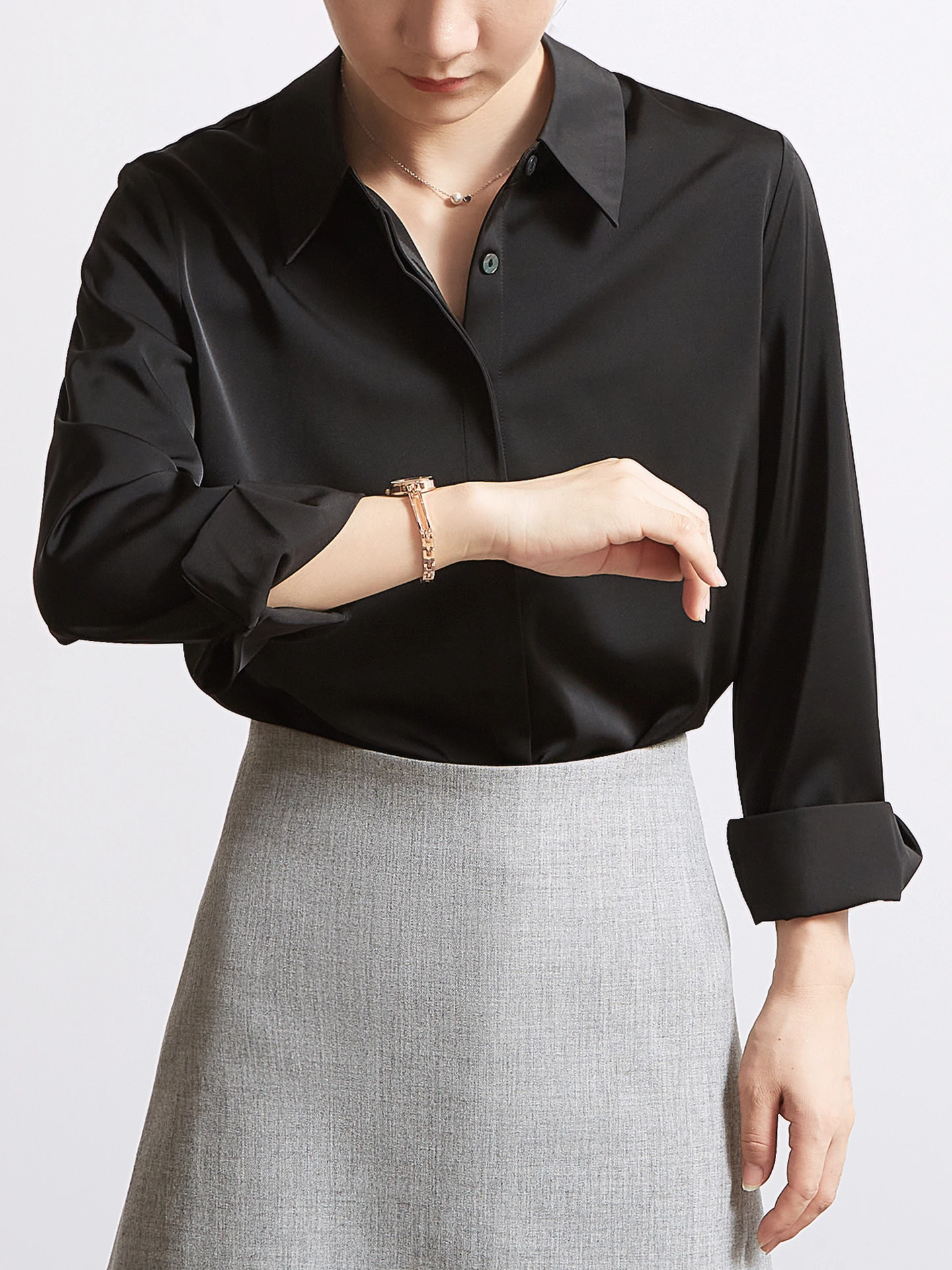 

Black Satin Long Sleeve Shirt for Women Professional OL Style Commute Fashion Business Shirt CHICBLISS Spring Autumn New Model