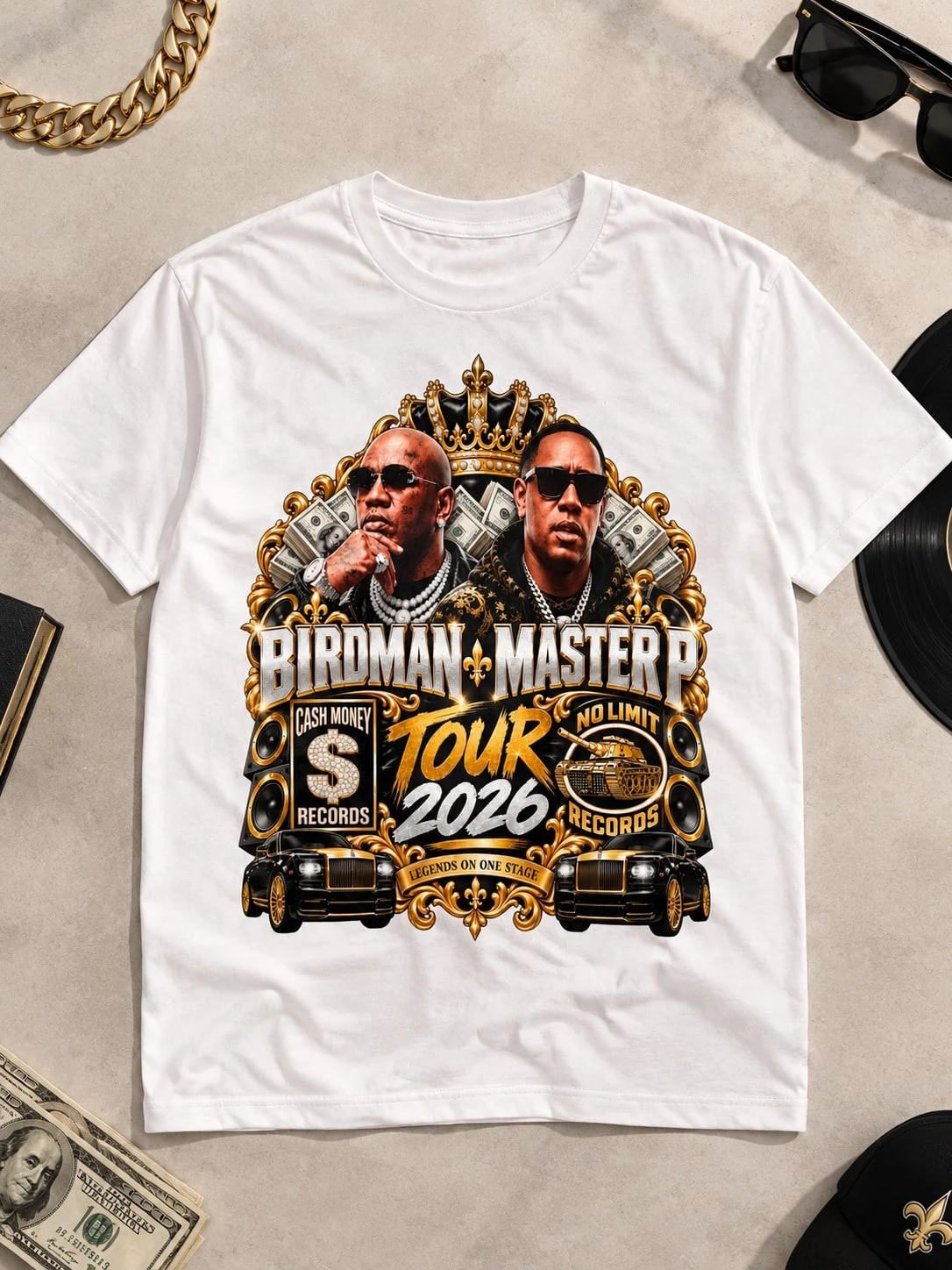 Vintage Cash Money No Limit T Shirt Classic Southern Rap Duo Portrait Luxury Glitter Crown Design Hip Hop T-Shirt for Men Women