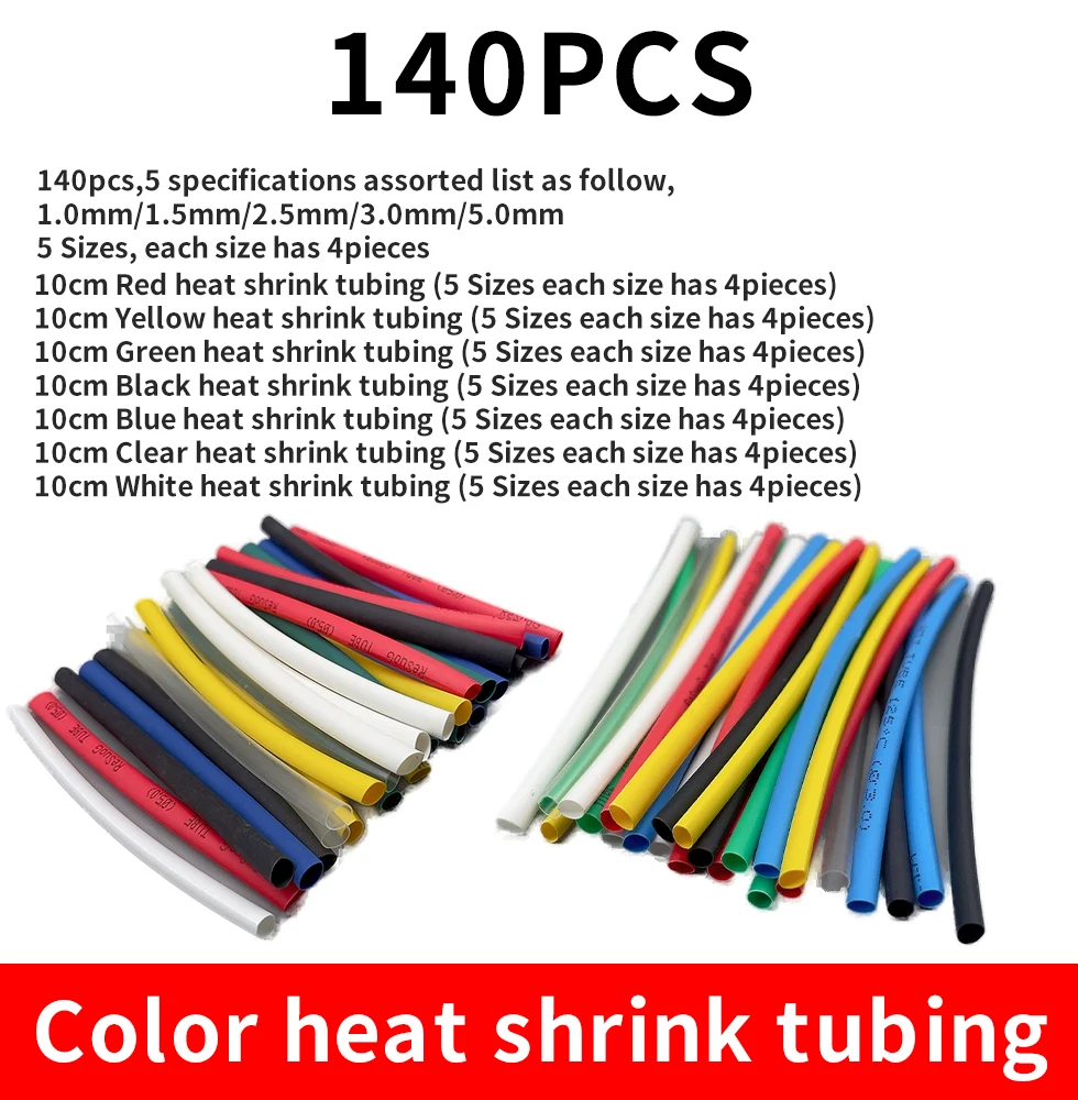 140Pcs Heat Shrink Tube Kit Shrinking Assorted Polyolefin Insulation Sleeving Heat Shrink Tubing Wire Cable 5 Sizes 7 Colors 2:1