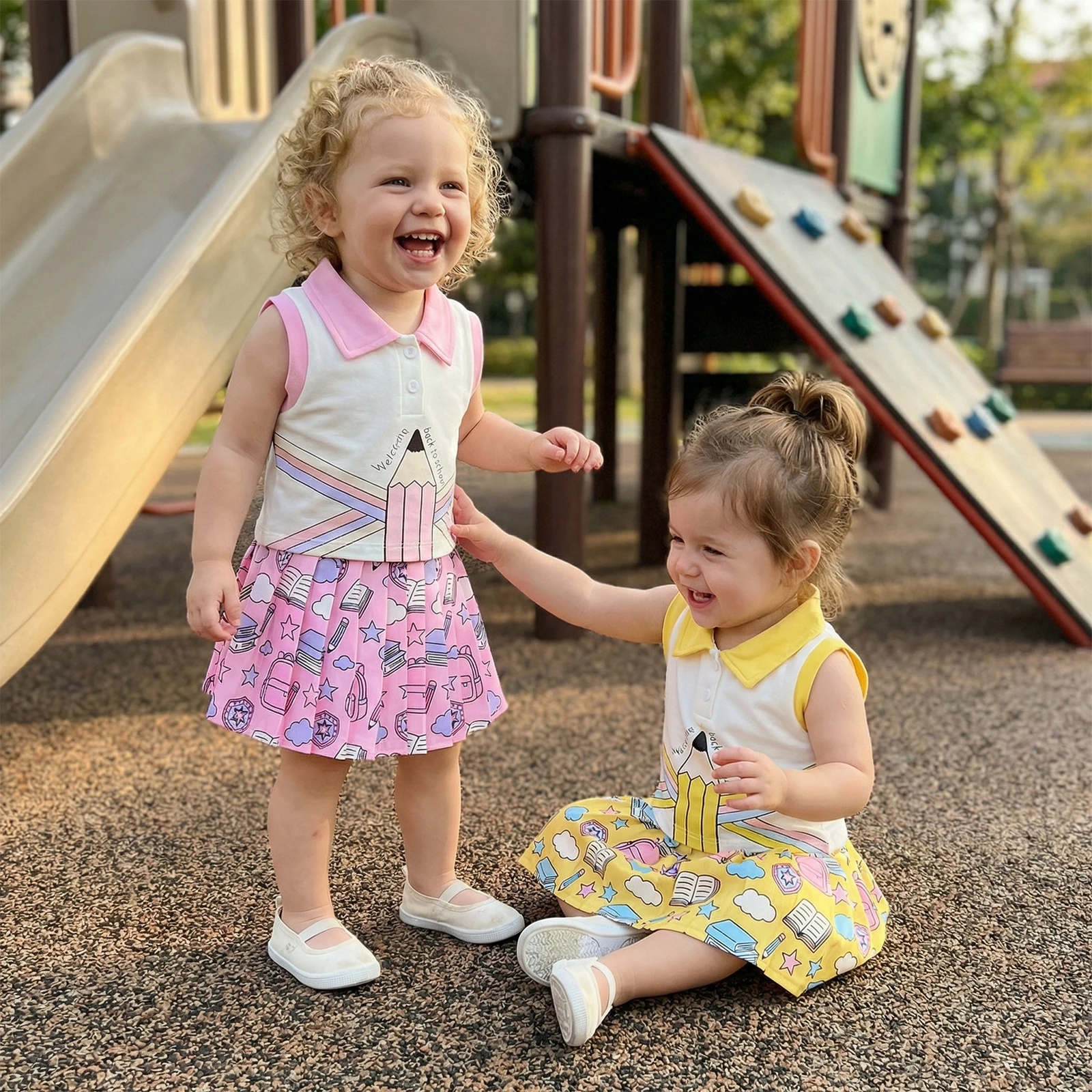 1-4Y Baby Girl Back to School Outfits Sleeveless Collared Tank Tops Pleated Skirt Set Toddler Kids Clothes Preppy School Style