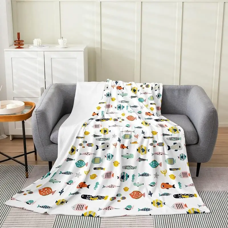 Japanese Style Fish Flannel Fleece Blanket Cute Ocean Fish Print Plush Throw Blanket, Fishing and Hunting All Season,Bed