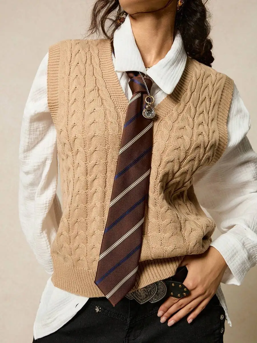 

Cable Knit V-Neck Sweater Vest for Men - Beige, Casual Layering Piece
