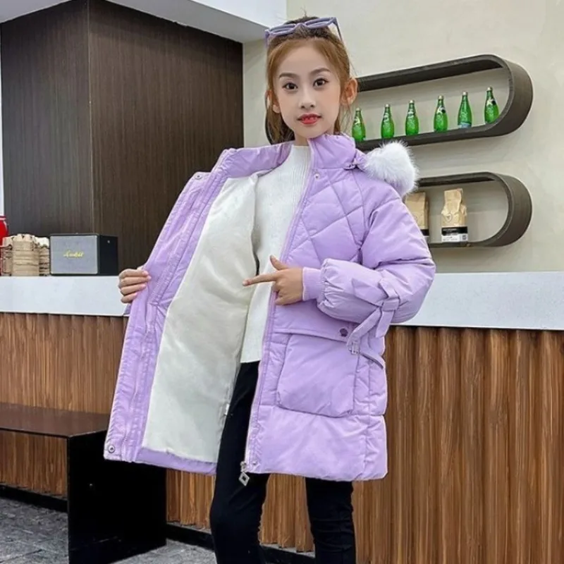 

2025 New Girl's Thickened Mid-length Down Coat, Fleece-lined Stylish Cotton-padded Winter Jacket for Tall Toddler Girls Kids