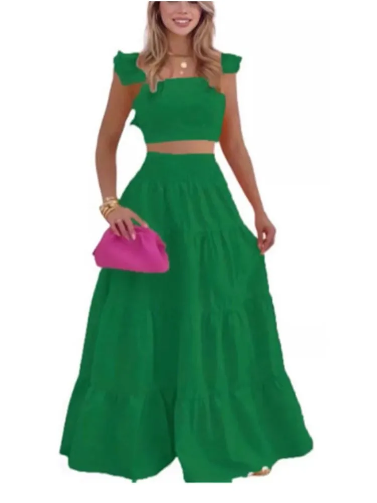 2025 الصيف الربيع Y2k قطعتين مجموعة امرأة جديدة أنيقة مثير الملابس الكولاج بلوزات بلا أكمام وتنورة طويلة الإناث 2 قطعة مجموعات