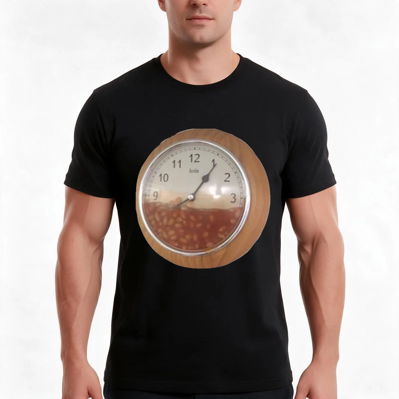 cursed image of baked beans in a clock. T-Shirt, Summer Casual Cotton Tee, Oversized Streetwear Tops, Vintage Graphic Print
