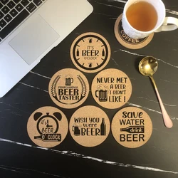 Cork Coaster Engraved Beer Theme Tea Coffee Mug Drinks Holder for Kitchen Natural Wooden Mat Tableware Round Drink Coaster