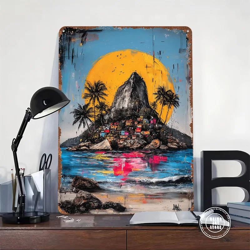 Rio De Janeiro Colorful Cityscape Tinplate Poster Custom Wall Art Vintage Metal Signs Retro Tin Plaque for Home Decor Items Desk