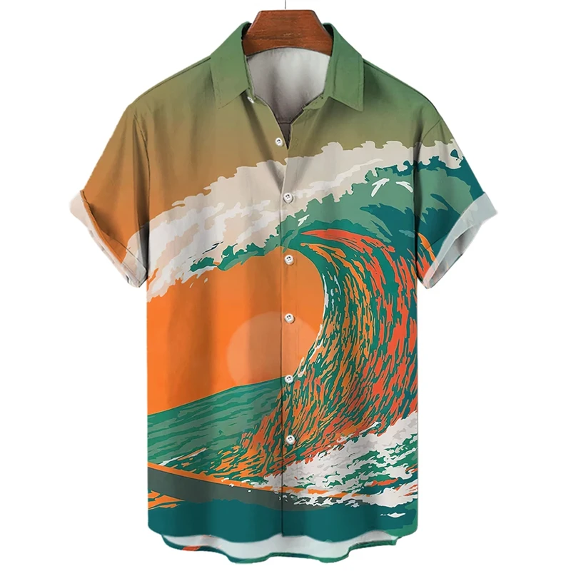 Casual Surfing 3D Printed Shirts For Men Clothing Fashion Hawaiian Ocean Wave Graphic Lapel Blouse Summer Mens Vacation Blouses