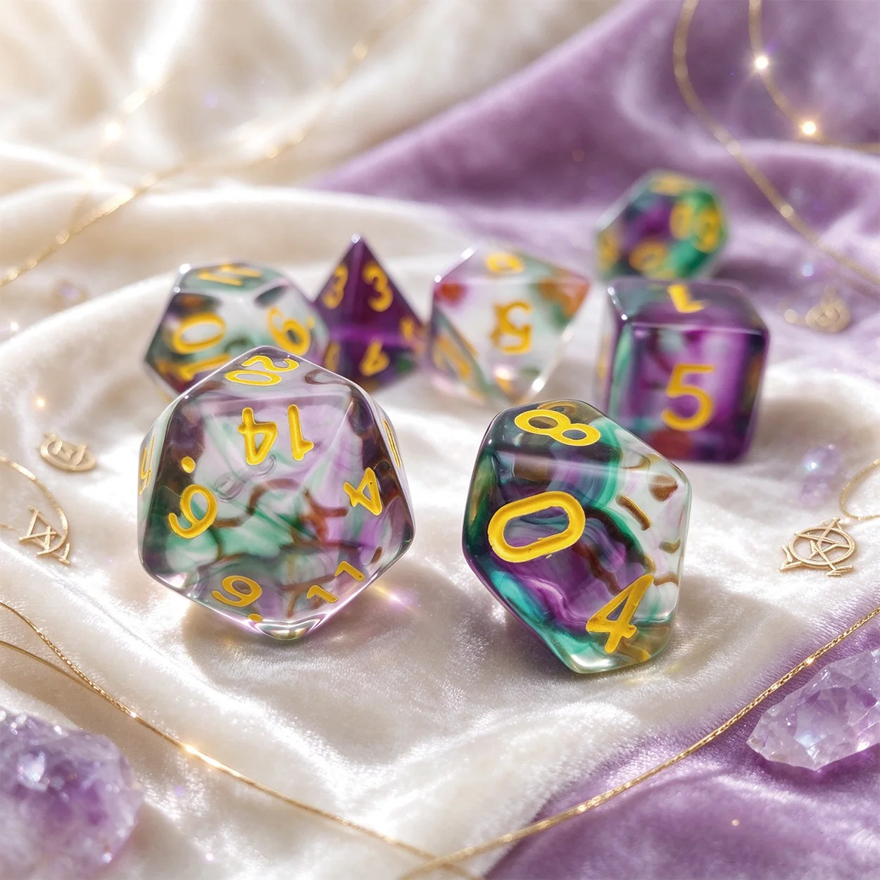 7Pcs Purple & Green Transparent Polyhedral DND Dice Set with Suspended Silk Texture Design Premium Tabletop RPG COC Game Dice