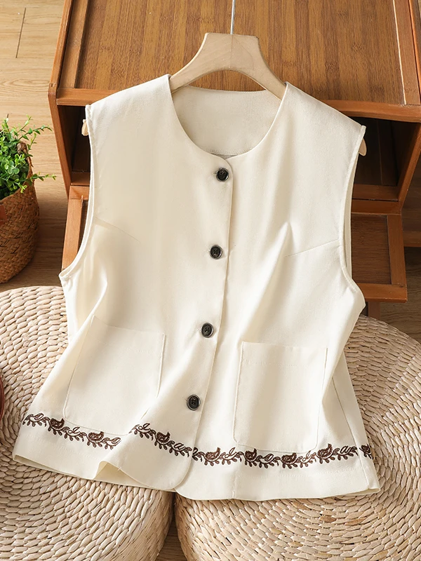 

Summer Thin Cotton Linen Embroidered Casual Sleeveless Vest Large Size Women's Outerwear Short Jacket Top round Neck Short Le...