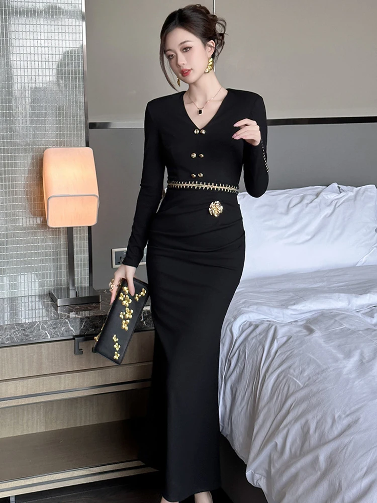

French Retro Elegant Exquisite Women's Dress Ladies Black Flowers Button Bright Line Decoration Long Robe Party Banquet Vestidos