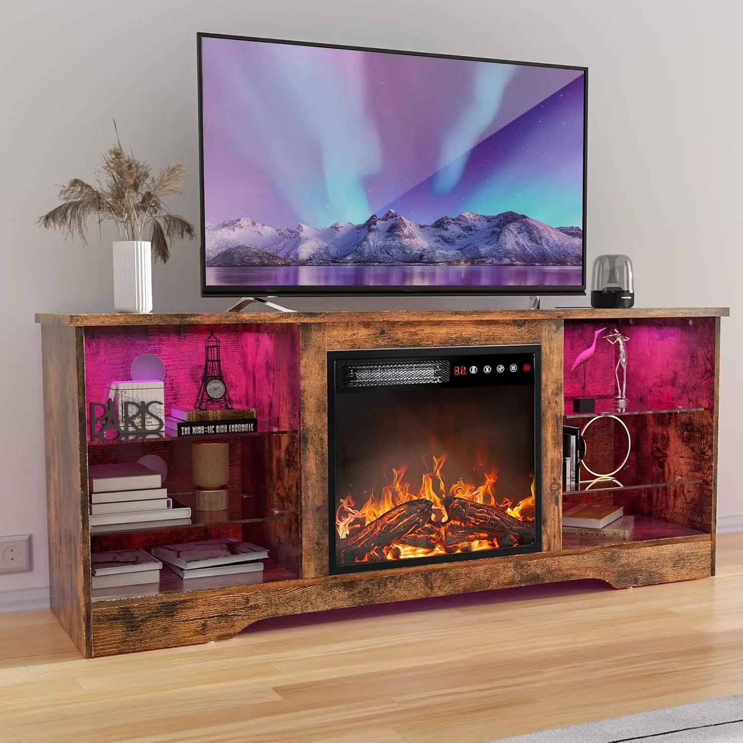 Fireplace TV Stand with 18''Fireplace, Modern Entertainment Center for TVs up to 68 inch, Media TV Console with Glass Shelves