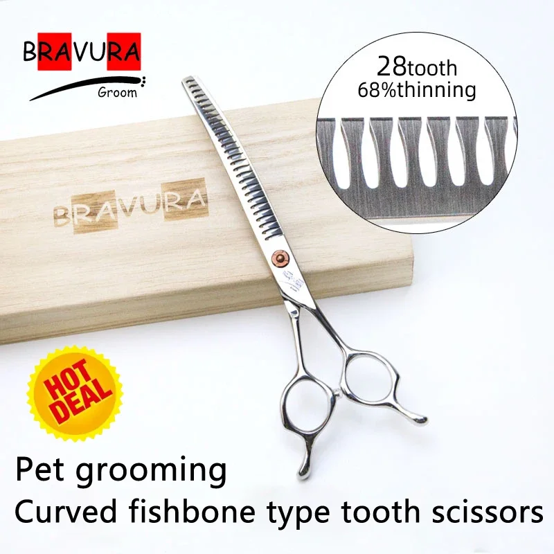 BAVURA 7 Inch Professional Dog Grooming Scissors High End Arc Fishbone Design for Dog And Cat Hair Thinning Teeth Scissors