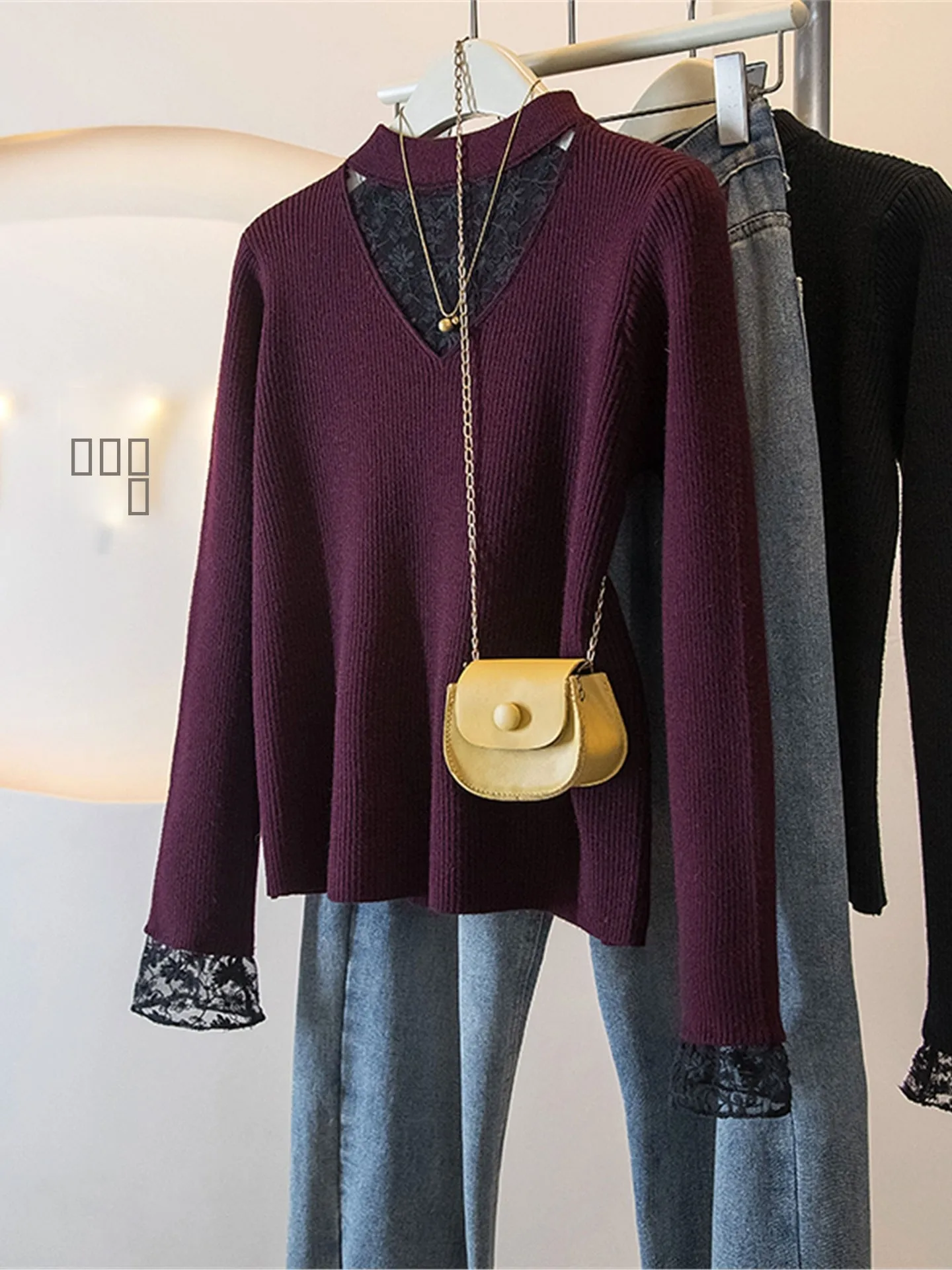 

Фиолетовый вязаный свитер с кружевом, женский базовый слой, модный топ, повседневный, больших размеров, из мягкой полиэстеровой ткани