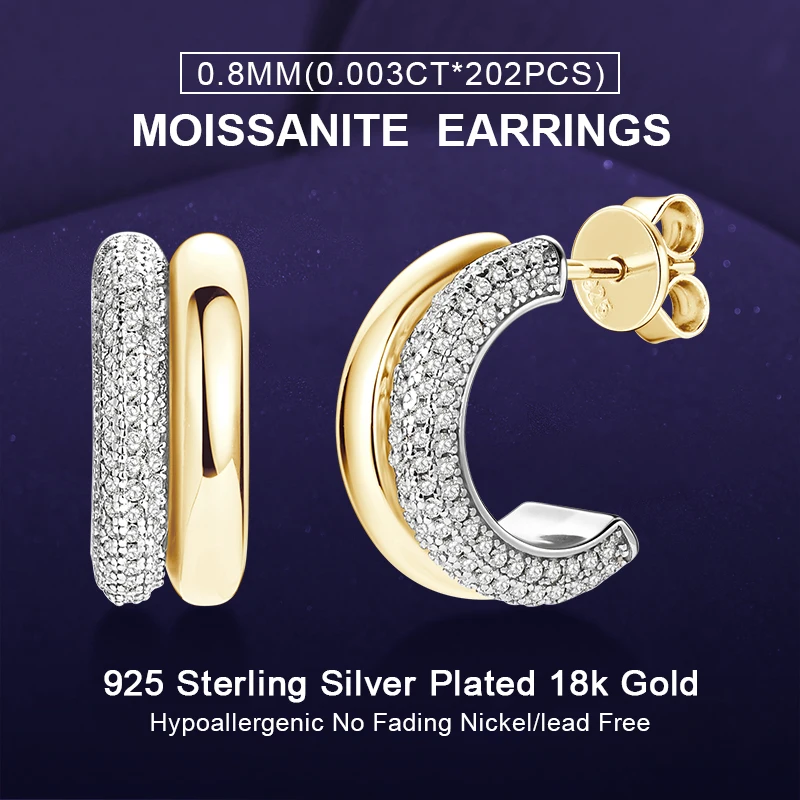 

IOGOU D0.30CT Pave Moissanite Open Hoop Earrings for Women Real 925 Sterling Silver Luxury C-Shaped Stud Wedding Jewelry Gift