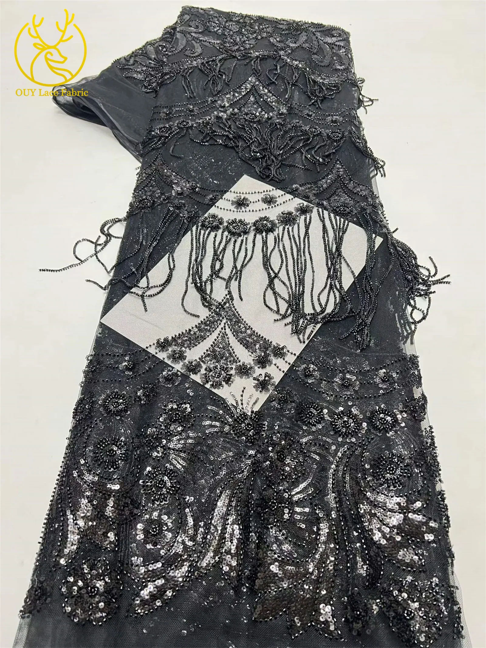 Afrikanischer 3D-Quasten-Perlen-Spitzenstoff 5 Yards Französischer Tüll Pailletten-Spitzenstoff Nigerianischer Netzspitzenstoff für Hochzeitskleider – Detail 21
