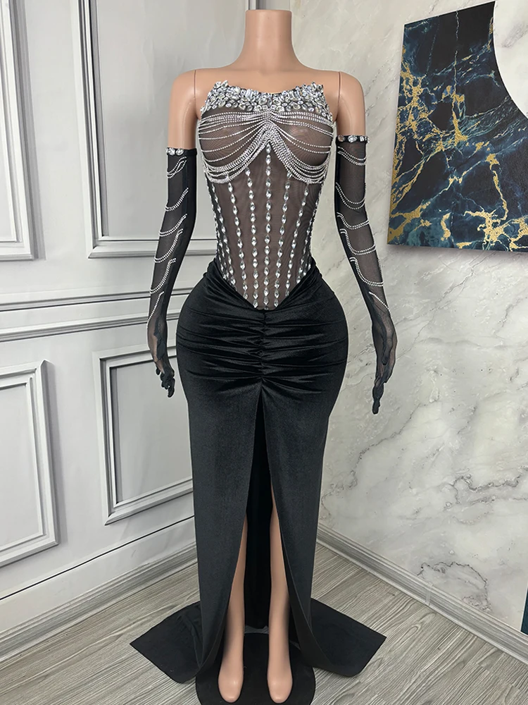 Black Gogo Dancer Costume Elegant Rhinestone Drag Queen Dress Woman Festival Party Outfit Singer Stage Performance Suit VDL253