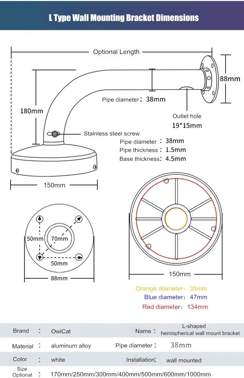 Aluminium-Dome-Kamera-Teleskophalterung für Hikvision Dahua, halbkugelförmige Panoramakamera, an der Wand montierte Hebe-Verlängerungsstange – Detail 7