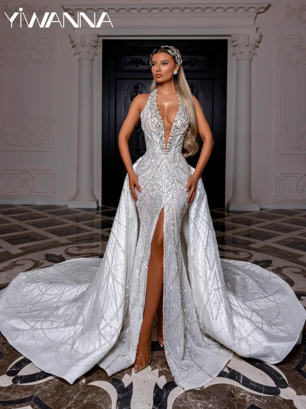 

Exquisite Sparkling Beaded Crystal Long Wedding Dress Detachable Train Halter High Slit Bidal Gown Customized Dresses For Bride