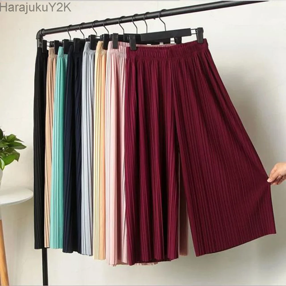 Female Fold Pleated Pants Summer Spring Black Casual Loose Elastic Waist High Pleated Wide Leg Women Chiffon Loose Pants