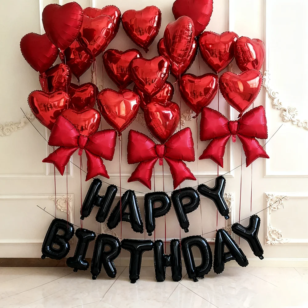 29-teiliges schwarzes Happy Birthday-Ballon-Set, rotes Herz, Ballon, Schleife, Aluminiumfolie, Ballon, Geburtstagsfeier, Dekoration, Fotografie-Requisiten