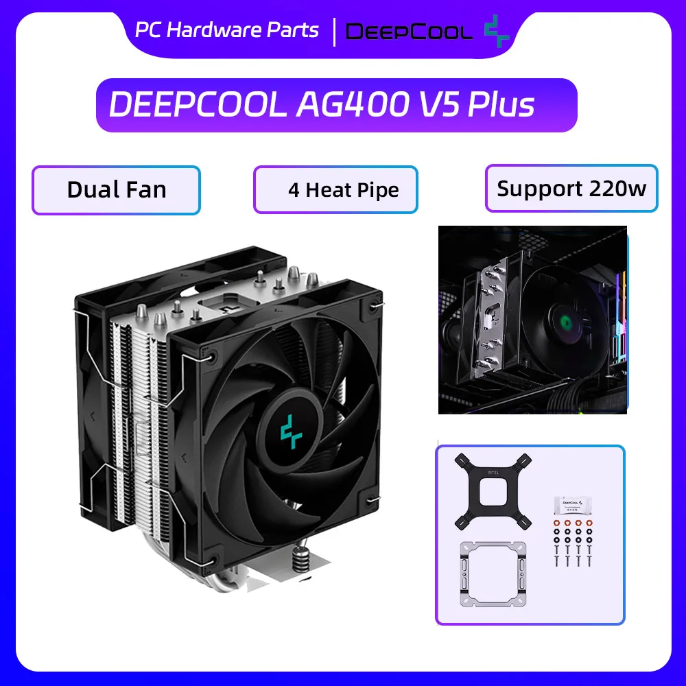 DEEPCOOL AG400 V5 Plus 4 Heat Pip With Dual CPU Fan 4 pin 12cm PWM Processor Cooler Mute Support 220w For LGA1700/1151 AM5 AM4