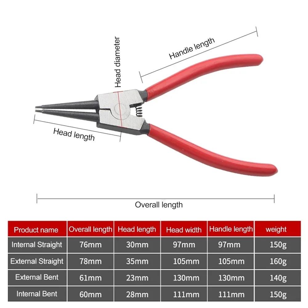 1-Pack Circlip Pliers Inner and Outer Ring Remover Installation Tool Straight/90° Bent Jaws Precision Spring Auto Repair Tool