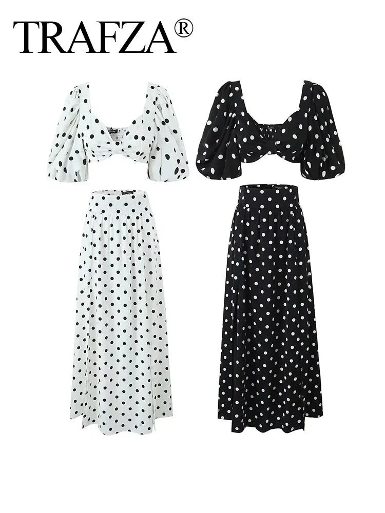 TRAFZA Elegant Female 2 Piece Skirt Set 2024 Polka Dots Printed High Waist Slit Skirt Short Sleeves Square Neck Cropped Tops