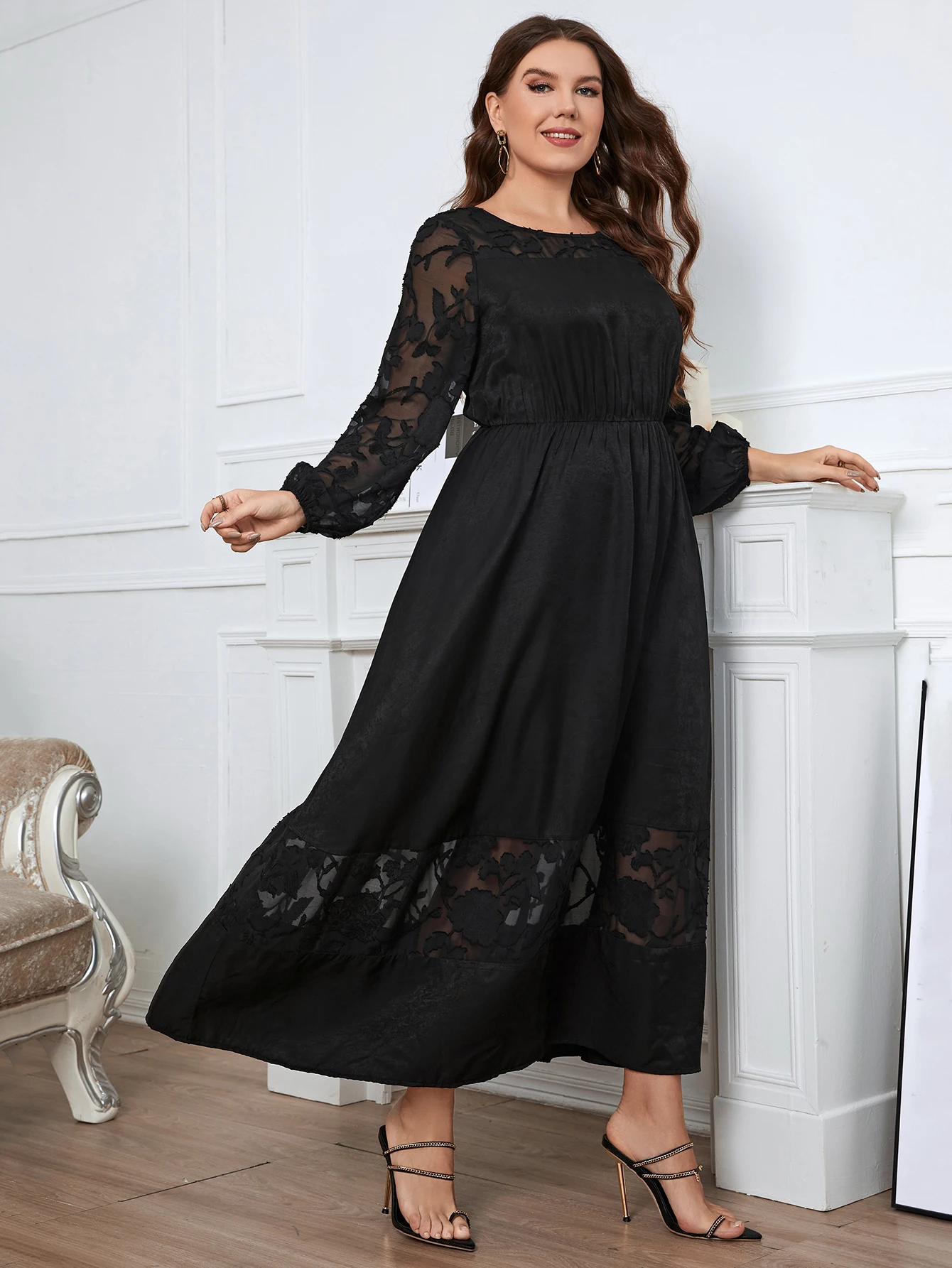 KEBY ZJ Plus Size Clothing Party Dresses for Women 2022 Casual Black Lace Long Sleeve O-Neck Elegant Female Evening Maxi Dress