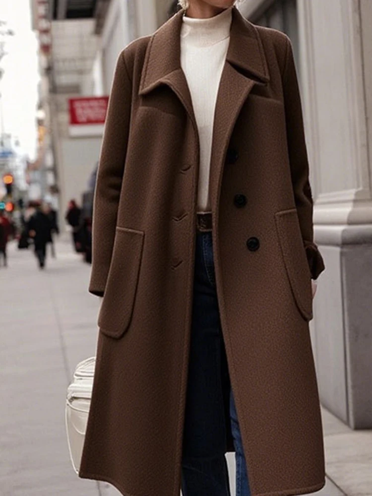 

Temperament Lapel Long Sleeve Woolen Coat Autumn Winter Fashion Solid Color Long Overcoat Casual Single Breasted Commute Jacket
