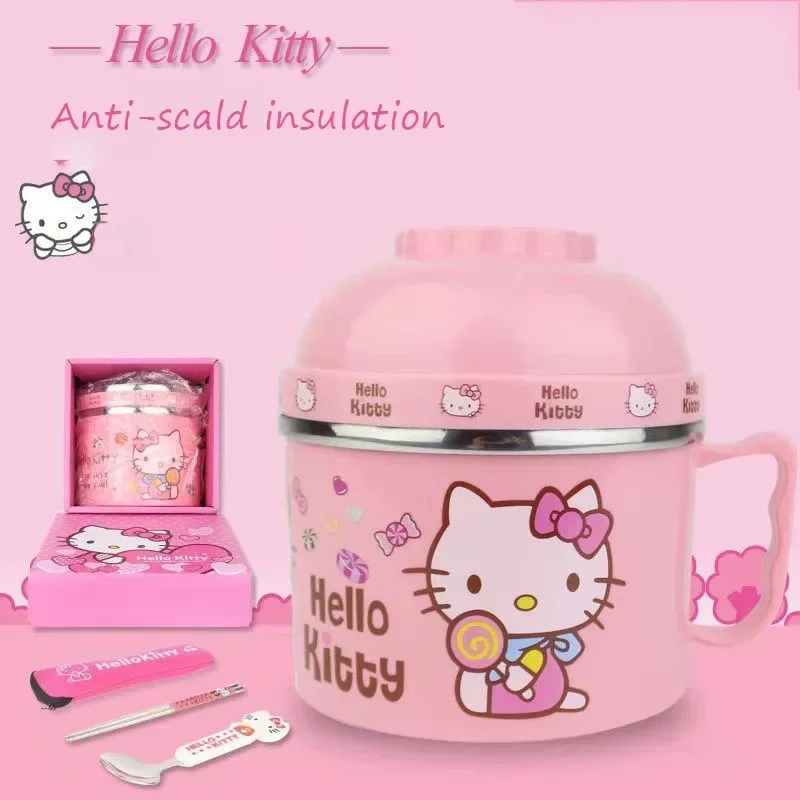 

Sanrio, Hello Kitty столовая посуда из нержавеющей стали, Детский милый мультяшный Ланч-бокс с крышкой и изоляцией, вместительная миска для лапши для студентов