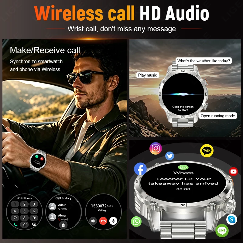 LIGE 1400mAh Battery Smart Watch Men Military Flashlight IP68 Waterproof Watch Heart Rate Bluetooth Call Outdoor Sports Bracelet