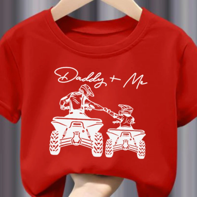 Meninos montando motocicleta camiseta com gola redonda, camiseta casual macia e confortável, roupas infantis, best-seller, papai e eu, verão