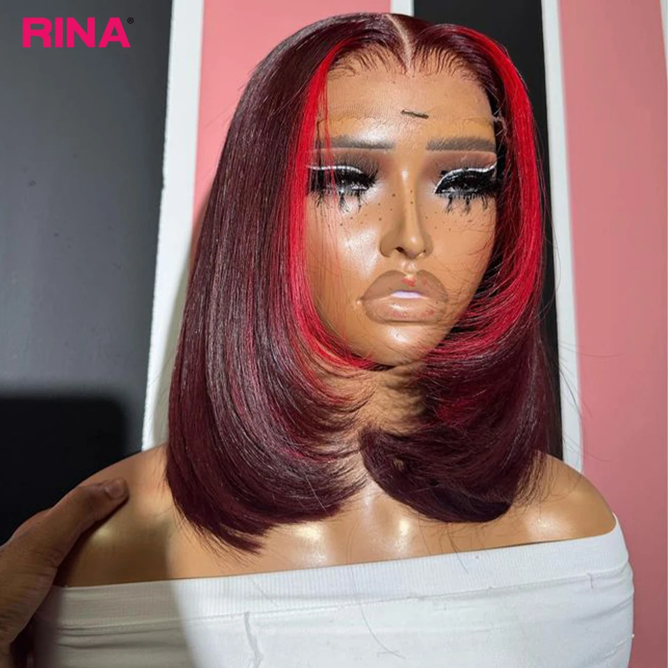 Peluca de cabello humano liso de 13x4 para mujer, postizo de encaje frontal con corte Bob, color burdeos oscuro y rojo, densidad de 180%,
