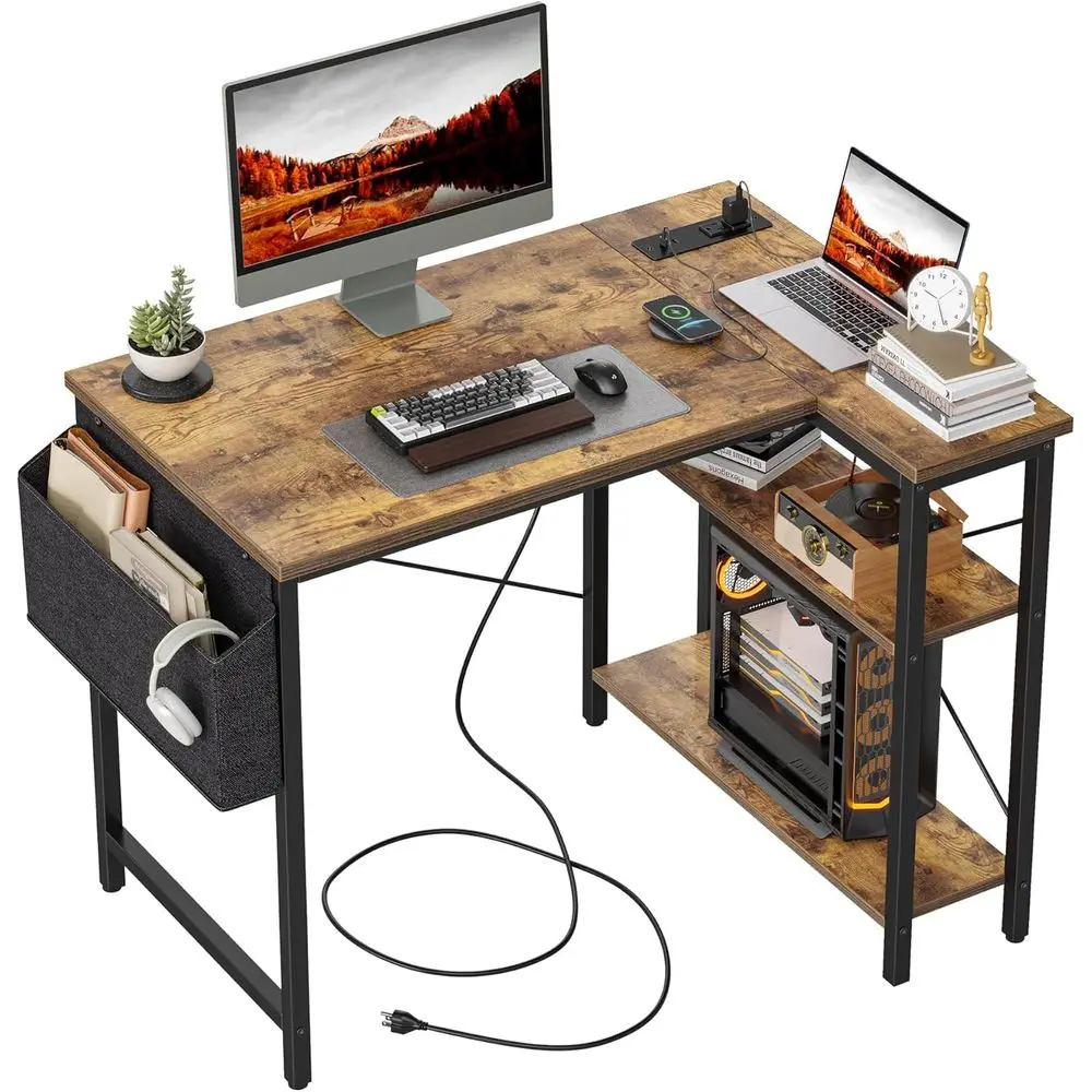 

Small Computer with Power Outlets, 40 Inch L Shaped Desk with Reversible Shelves, Gaming Desk Study Writing Desk or Ho