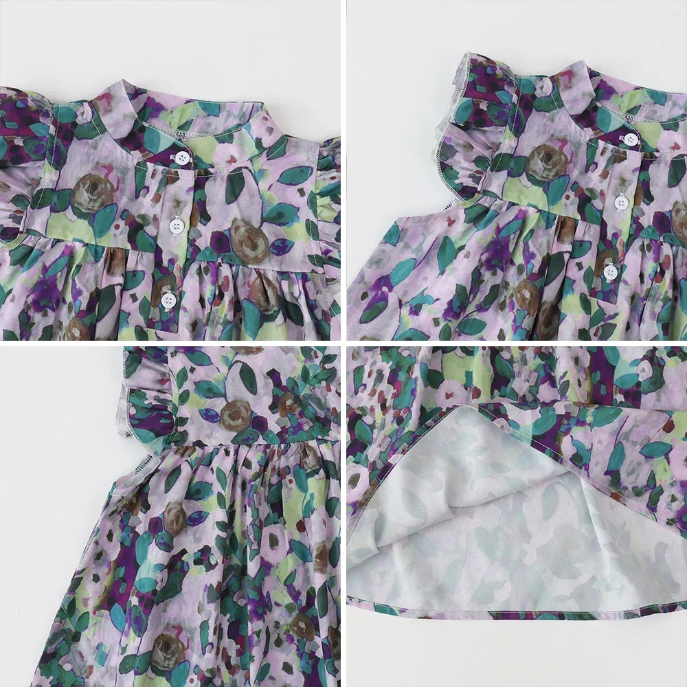 Новое летнее платье с летающими рукавами и круглым вырезом для девочек, модное детское платье с принтом, детские платья для девочек