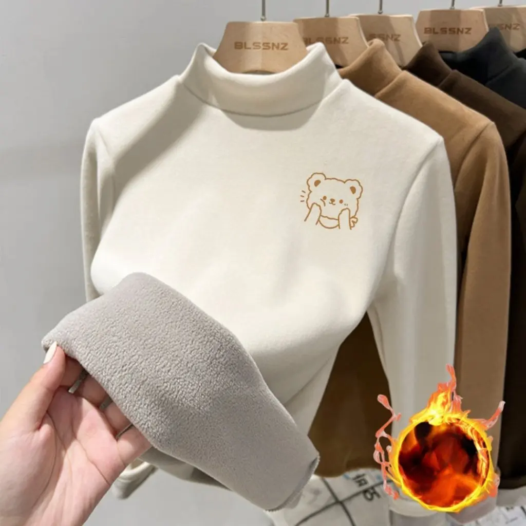 

Girls Fleece Lined Half-High Collar Base Shirt Thickened Junior Senior High School Student Warm Velvet Top for Fall/Winter