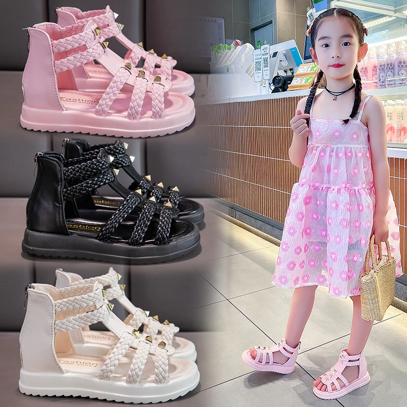 Girls Roman Sandals Open Toe Braided Solid Color High-top Simple Rivets New Summer Hollow Flat Casual Shoes Kids Fashion Casual