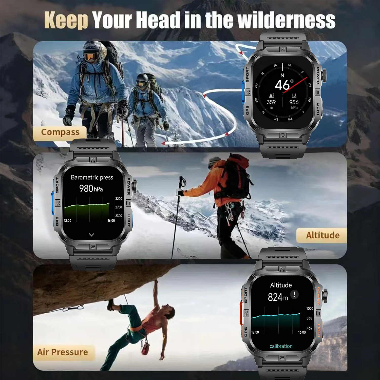 2025 ساعة رياضية جديدة 2.01 بوصة بلوتوث دعوة نظام تحديد المواقع لتحديد المواقع معدل ضربات القلب IP68 النوم 540 mah مصباح ليد جيب 100 + وضع رياضي