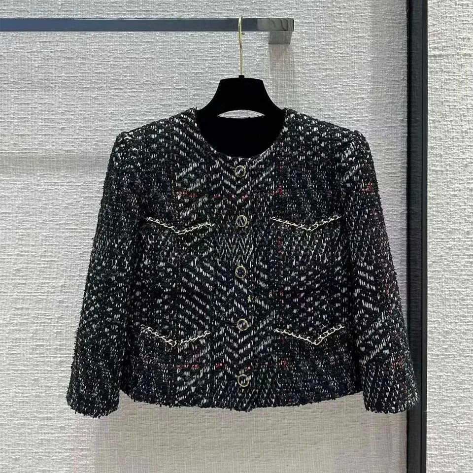 

Top Quality Vintage Woven Short Design Black Tweed Jacket Women O-neck Long Sleeve Single Breasted Chain Pockets Winter Coat