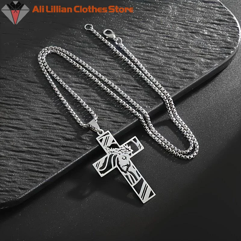 Collar de cruz de Jesús con corona de espinas Punk de Hip Hop para hombres, collares con colgante de crucifijo chapado en oro de acero inoxidable, joyería