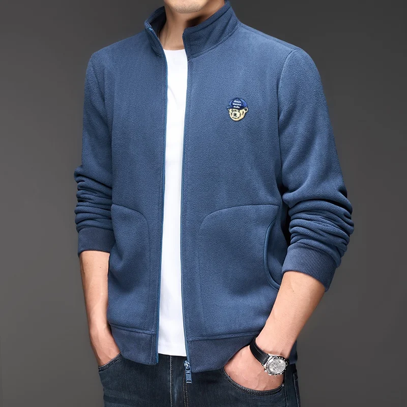 

Autumn winter new men's stand up collar jacket velvet comfortable warm zipper cardigan top exquisite brand bear embroidery coat