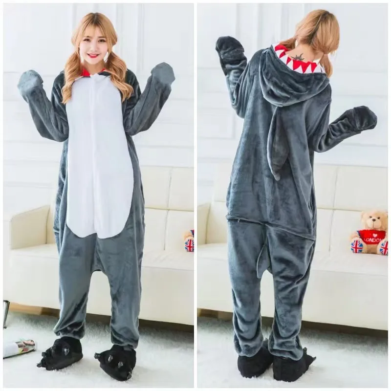 Piyama kartun hiu lucu piyama keluarga flanel Onesie abu-abu biru merah muda Halloween Kigurumi Hewan hiu dewasa uniseks piyama satu potong