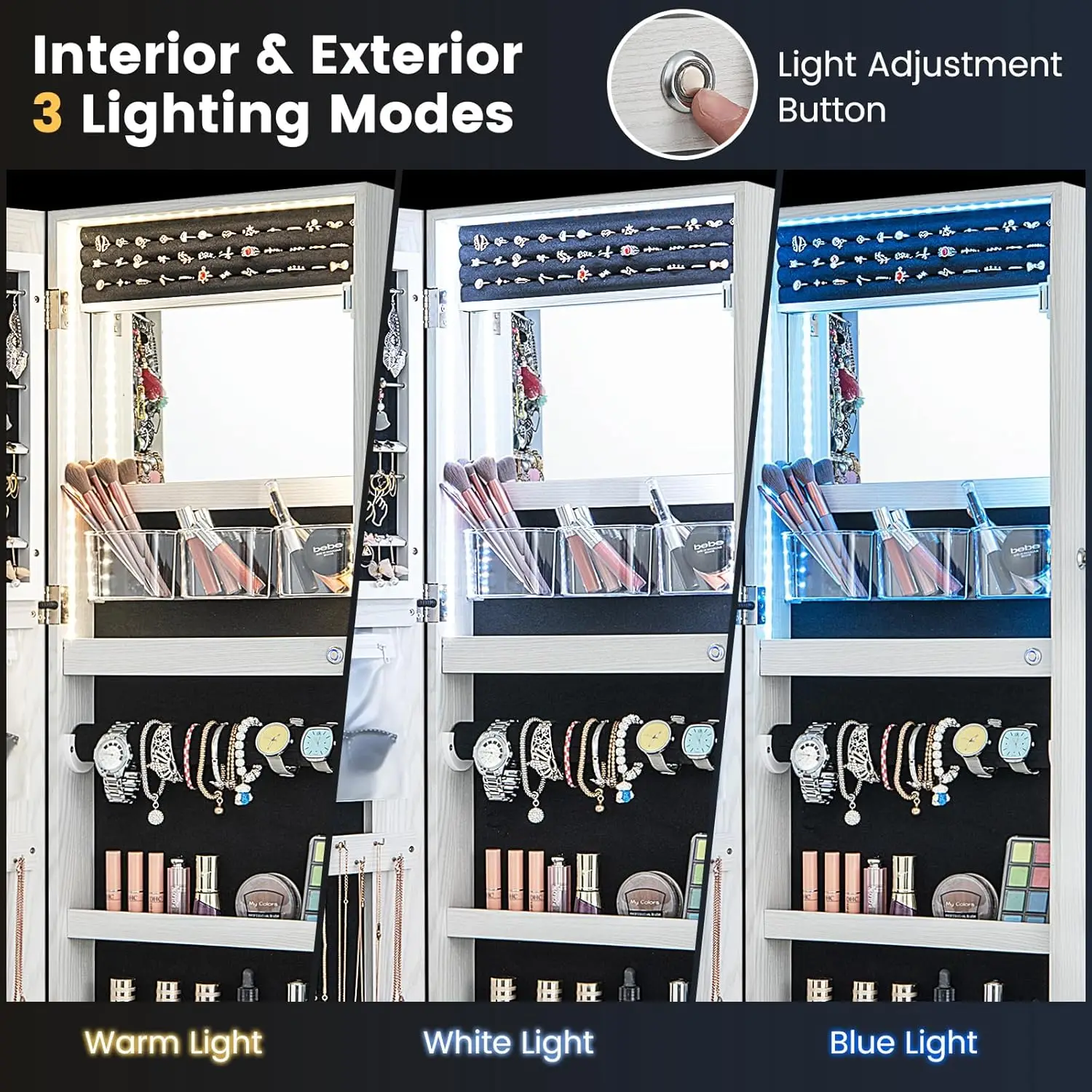 LED Mirror Jewelry Cabinet, Lockable Jewelry Armoire with Adjustable Lighted Full Length Mirror, 3 Lighting Sets