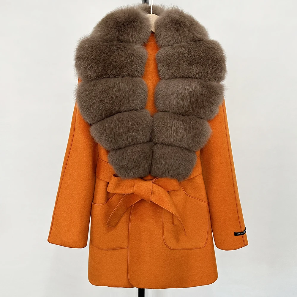 

Autumn Winter New Women Wool Blend Jacket Fashion Real Fox Fur Collar Fahsion Woolen Coat Natural Fur Collar Female Coat