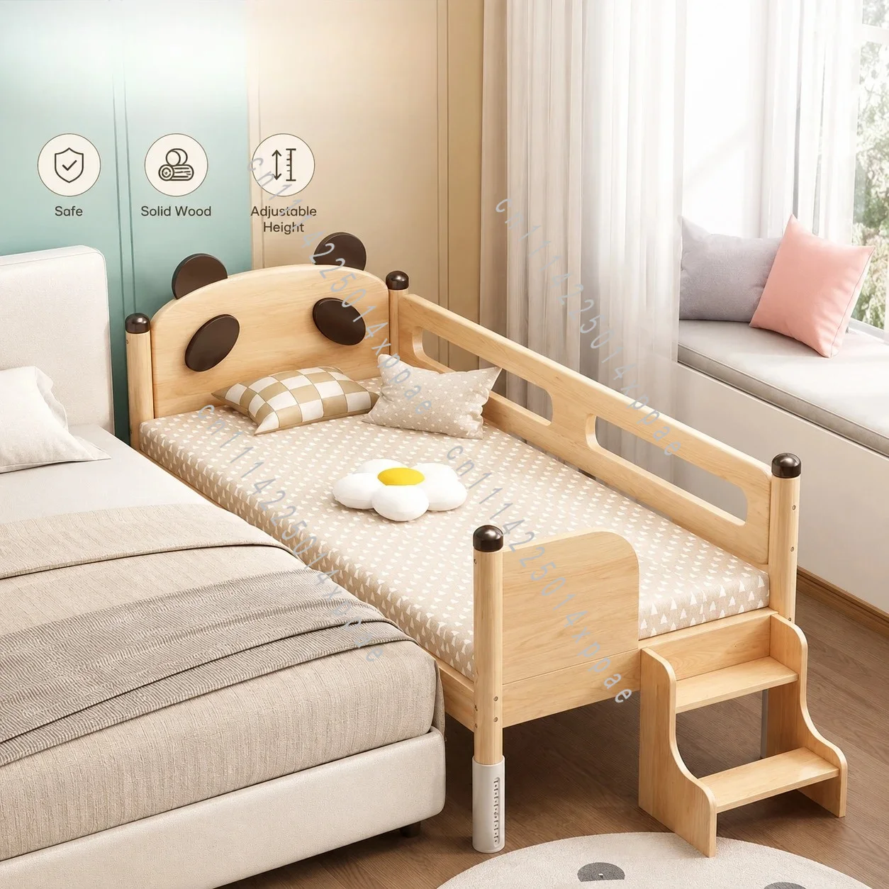 With Guardrail Toddler Bed Frame Height Adjustable with Mattress for Boys Girls Solid Wood Kids Bedside Splicing Bed