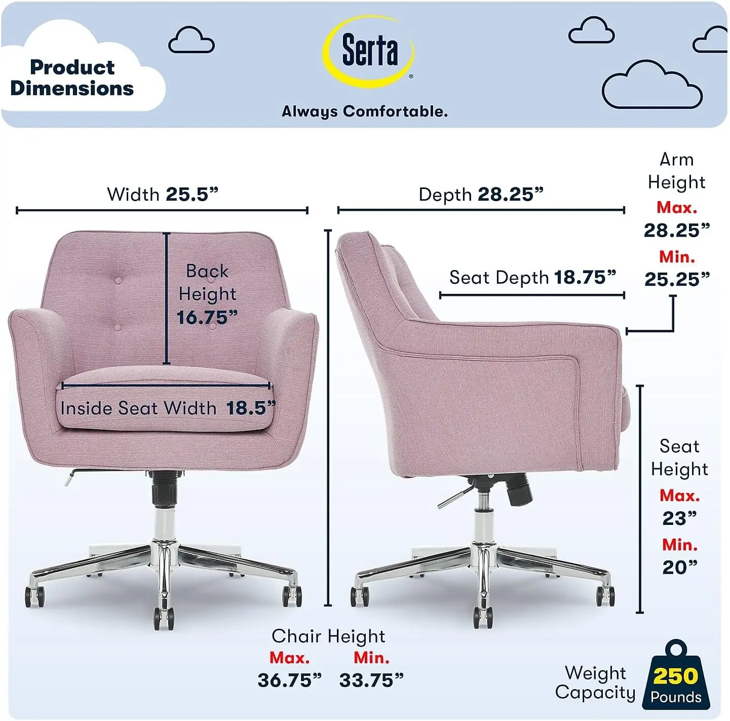 Serta Ashland Modern Office Chair, Stylish Mid-Back DeskChair, SertaQuality Foam, MemoryFoam Cushion, Comfy Armchair with